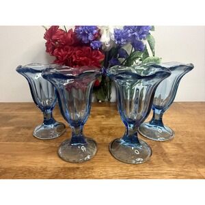 Vintage Blue Ruffled Footed Dessert Glasses Set of 4 MCM Dining Retro Parfait